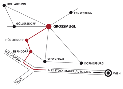 Anfahrt: Die Firma Schriften Wasner befindet sich im Weinviertel Niederösterreichs, etwa 45 km nördlich von Wien. Großmugl liegt zwischen Stockerau (südlich), Hollabrunn (nordwestlich) und Ernstbrunn (nordöstlich). Von Wien kommend fahren Sie auf der Autobahn A22 Richtung Praha. Folgen Sie anschließend der Weinviertler Bundesstraße B303 bis zur Ausfahrt Sierndorf. Über Höbersdorf gelangen Sie schließlich nach Großmugl.